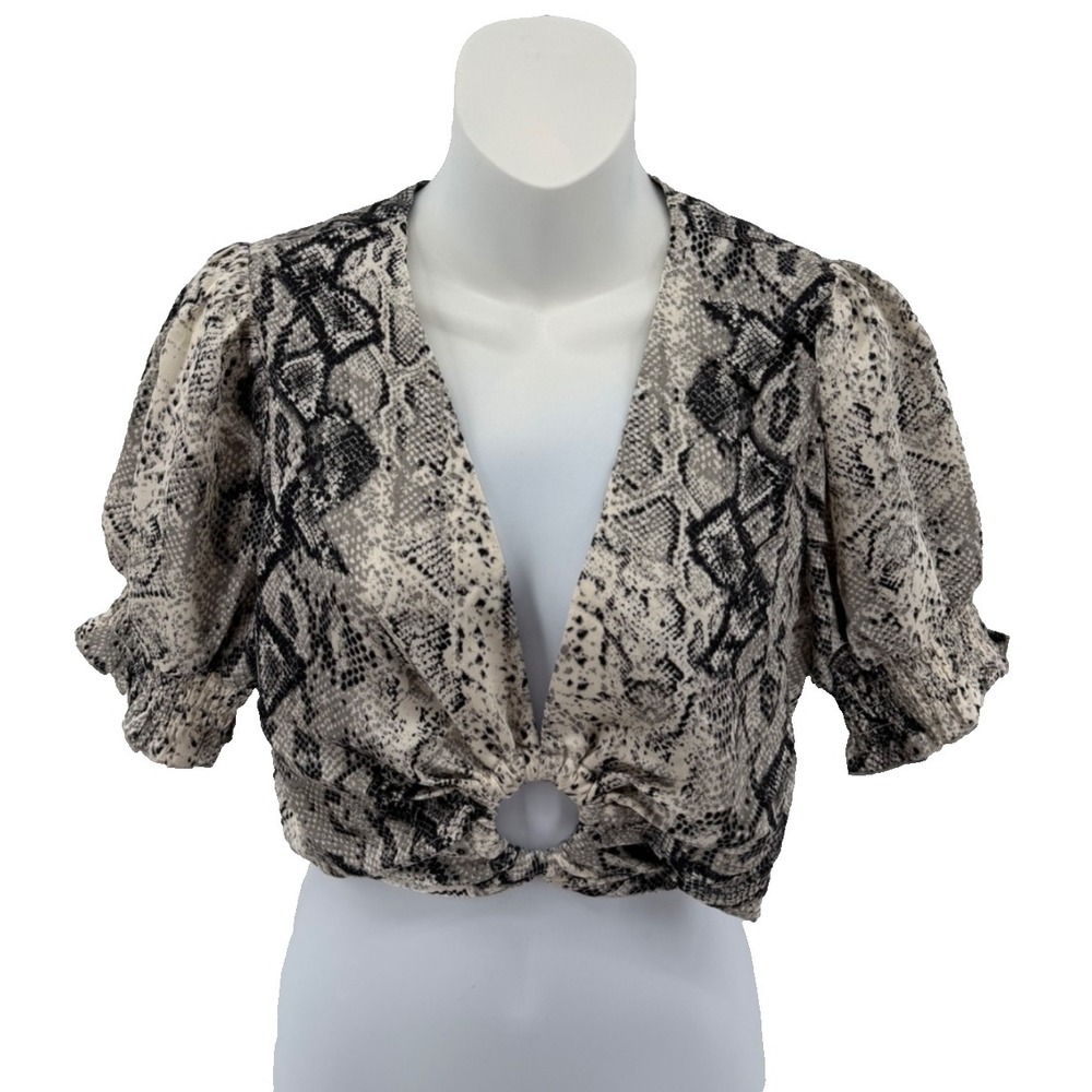 Moon River Anthropologie Snake Print Crop Top Women Puff Sleeve Blouse Medium